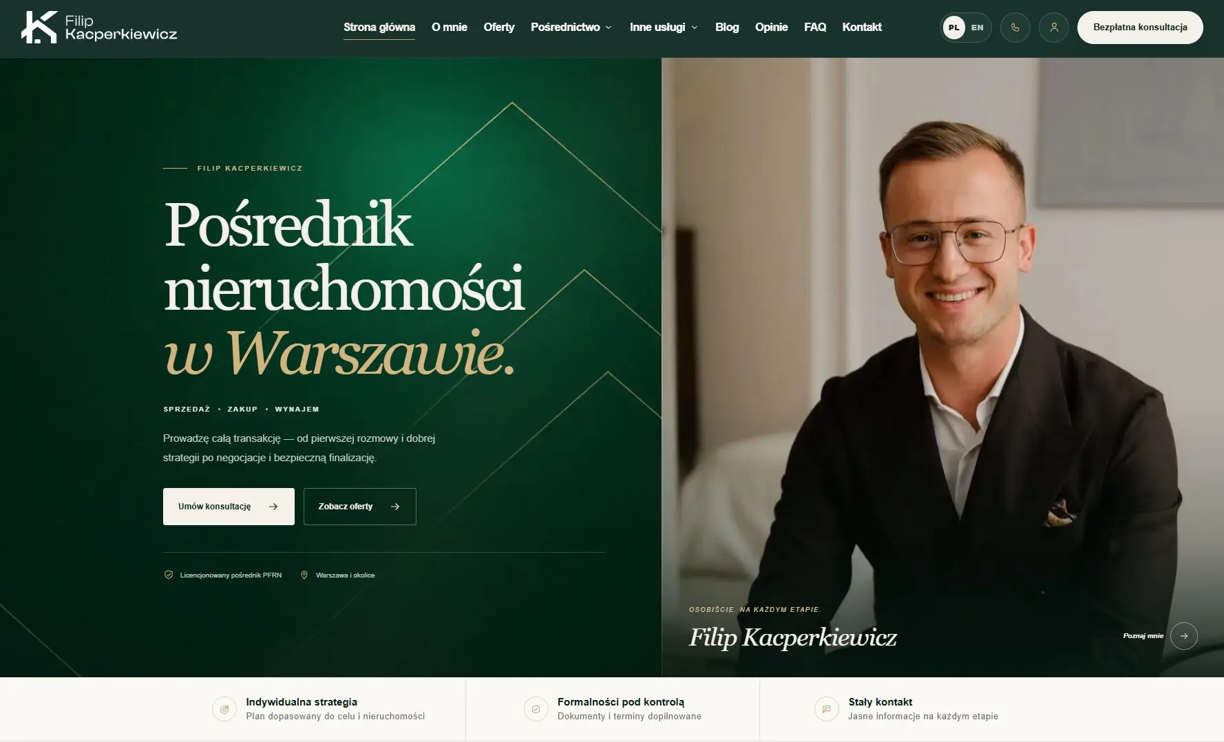 Strona główna Filipa Kacperkiewicza: zielony układ z ofertą pośrednictwa nieruchomości i portretem właściciela